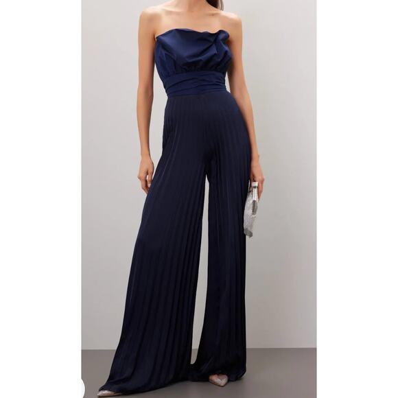One 33 Social Navy Pleated Cocktail Formal Jumpsuit Strapless Glam Party Size 6 - Picture 1 of 14